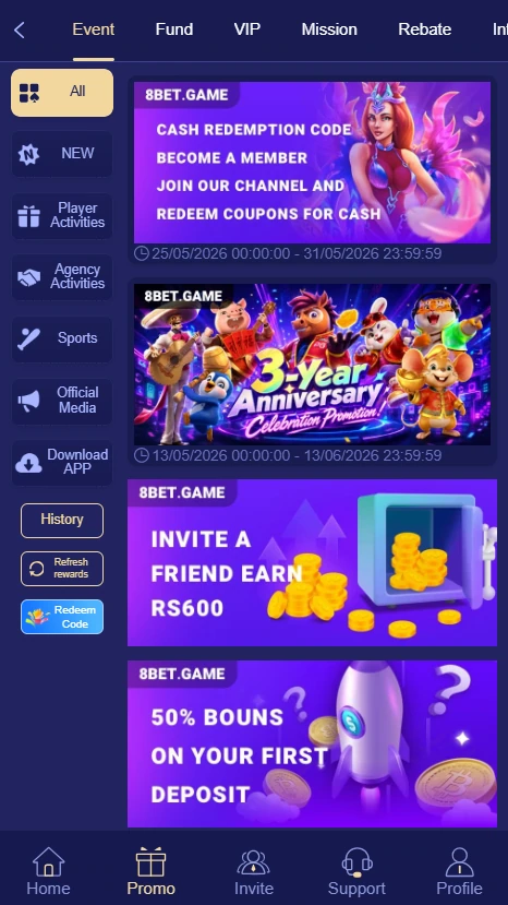 8bet Game online slots and card games interface with welcome bonus and live casino features