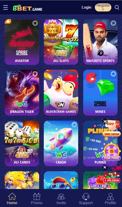 8bet Game app dashboard showing real cash rewards and daily bonus offers for Pakistani players