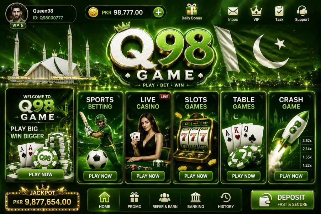 98Q Game homepage interface showing welcome bonus and Teen Patti real money games in Pakistan