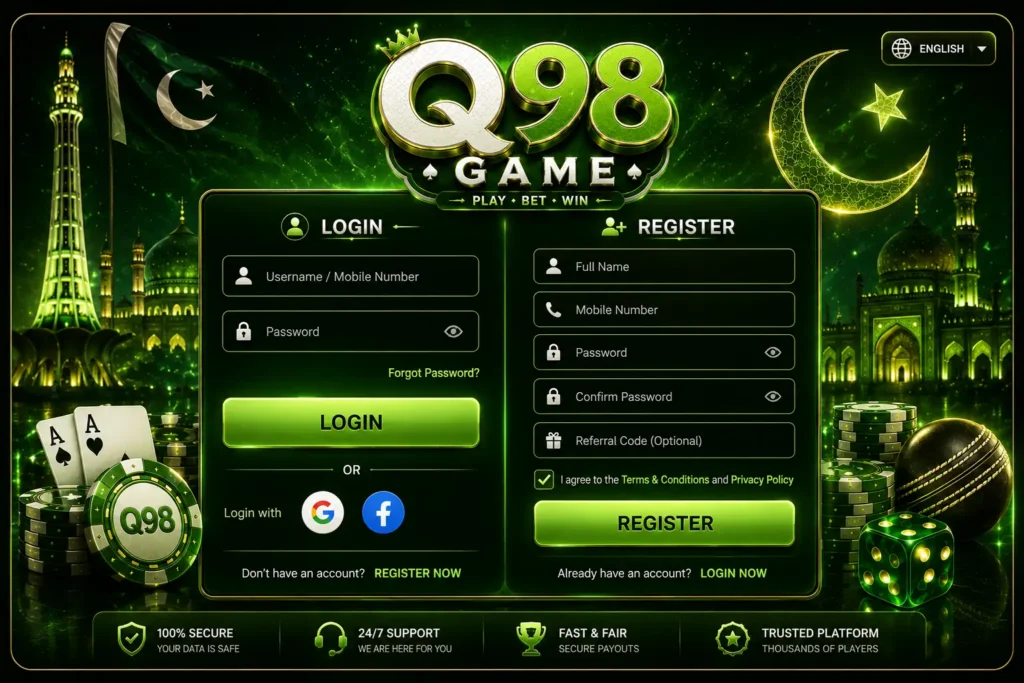 98Q Game register and login process with mobile number and OTP in Pakistan


