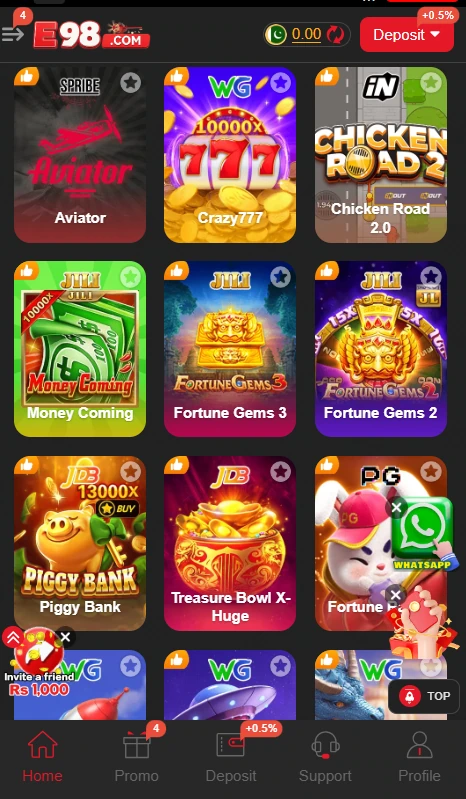 E98 Game app download screen showing real cash rewards and daily bonuses for Pakistani players
