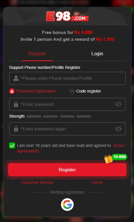 E98 Game APK interface with EasyPaisa and JazzCash withdrawal options for instant earnings