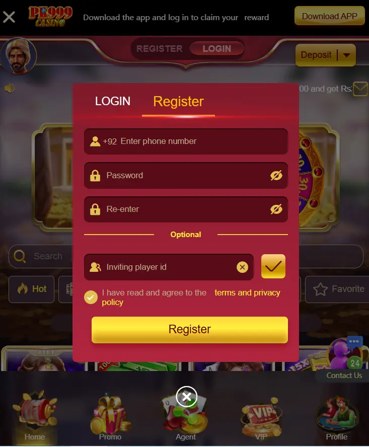 PK999 Game login screen showing mobile number entry and secure sign-in process for Pakistani users