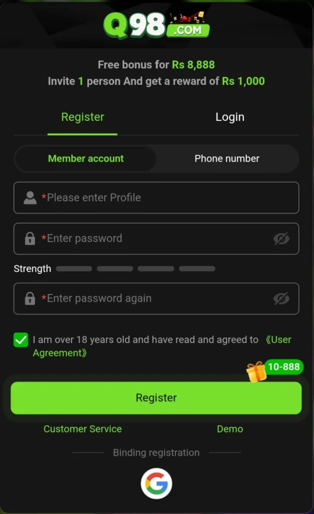 Q98 Game Login Screen Real Money Teen Patti App Pakistan

