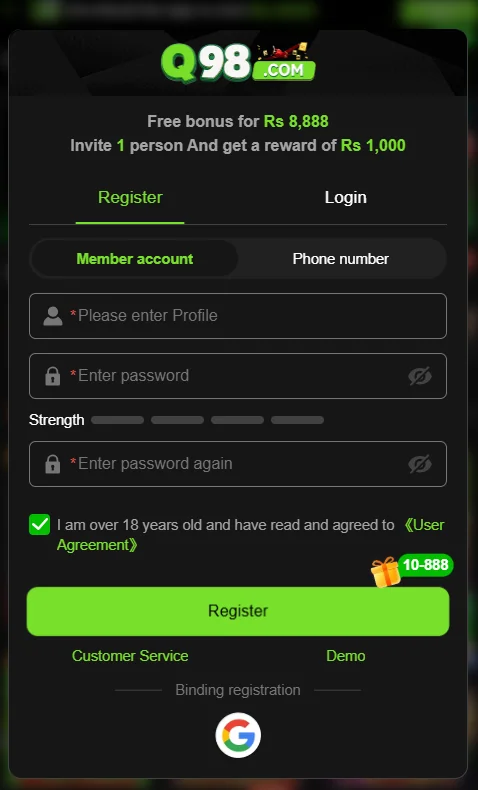Q98 Game Login and Registration Screen Pakistan