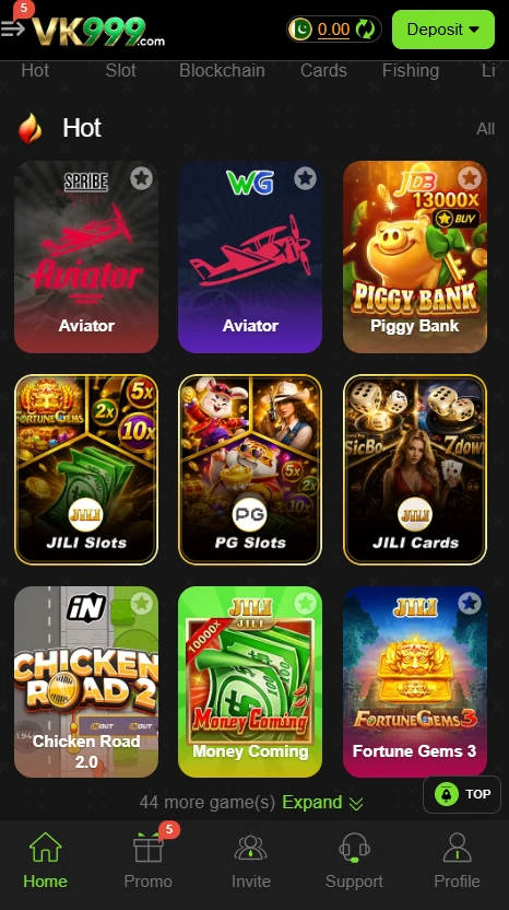 VK999 Game dashboard showing Teen Patti real money games, daily rewards, casino features, and secure JazzCash withdrawal options for Pakistani users in 2026.