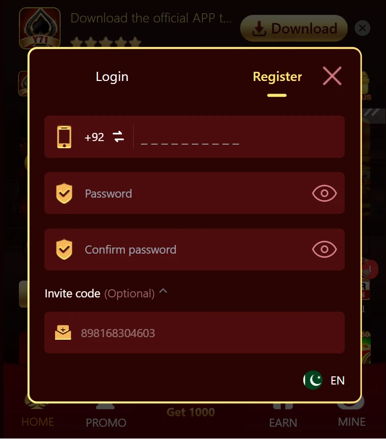 Y71 Game App Register and Login