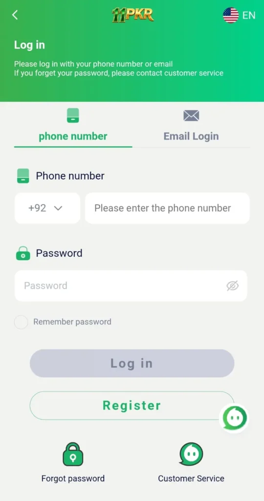 11PKR Game login page with secure username and password entry fields
