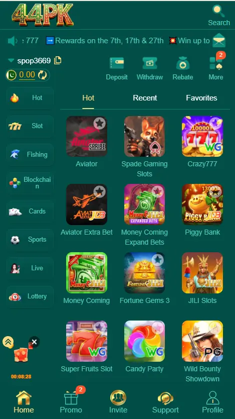 44 PK Game Pakistan home dashboard showing real cash games, slots, cards, and daily Rs 888 bonuses on Android mobile app