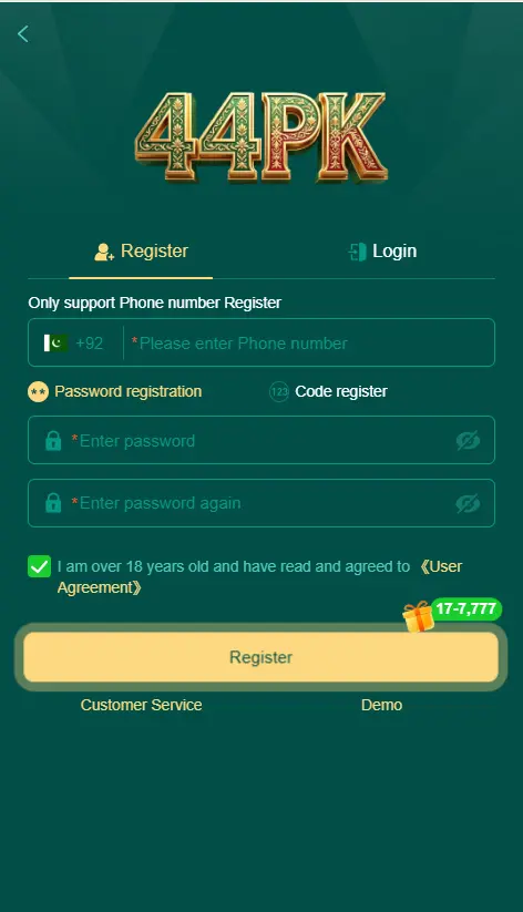44 PK app login registration screen with mobile number OTP verification for Pakistani players to start earning money online
