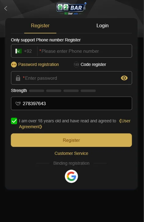 92 Bar Game Login Portal - Secure Mobile Number Sign In with OTP Verification for Pakistani Players | Earn Real Money Online
