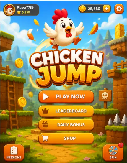 Chicken Jump Game APK interface showing gameplay features and rewards for Pakistani players in 2026