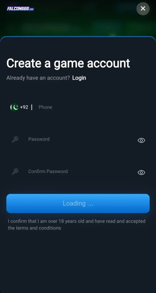 K777 login page and registration form for Pakistani users entering mobile number and password on Android app