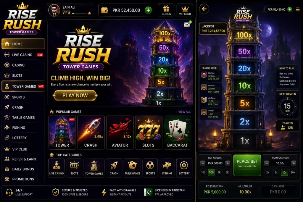 Rise Rush Game online casino app dashboard featuring real money slots, teen patti, and live dealer tables for Pakistani players 2026