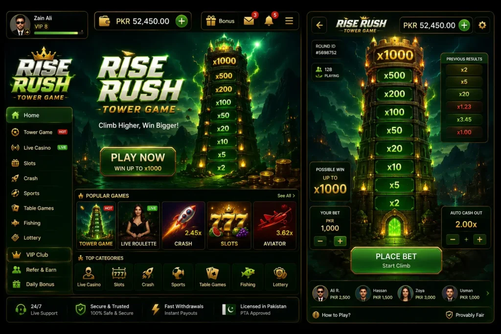 Rise Rush game download APK latest version for Android mobile and PC installation to earn real cash in Pakistan 2026