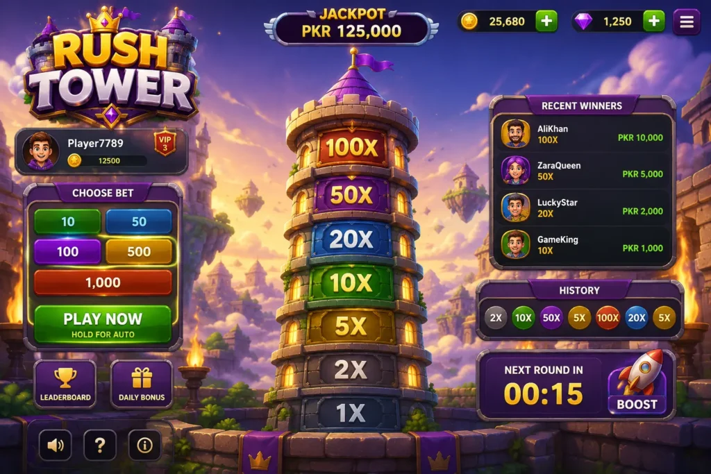 Rush Tower Game Pakistan 2026 official gameplay interface with rewards and tower challenge features