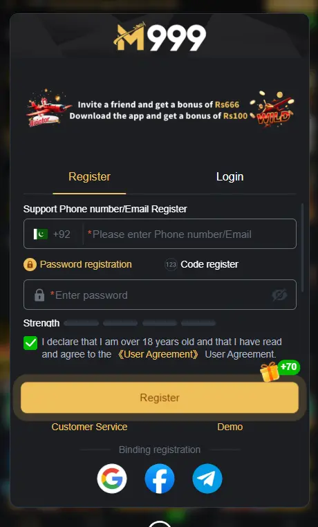 M999 Game login screen with secure user registration form and mobile number sign-in option for new players