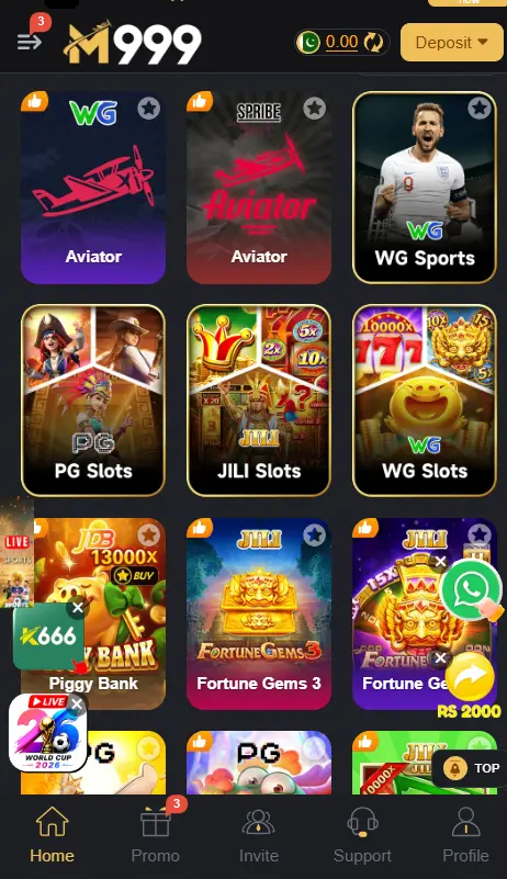 M999 Game official app interface showing popular online casino games and real earning options for Pakistani players